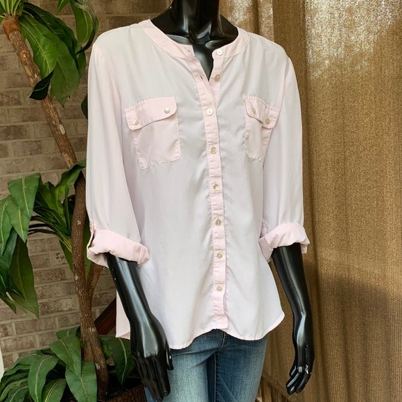 Chicos Collarless Roll Up long Sleeve Top - Picture 5 of 12